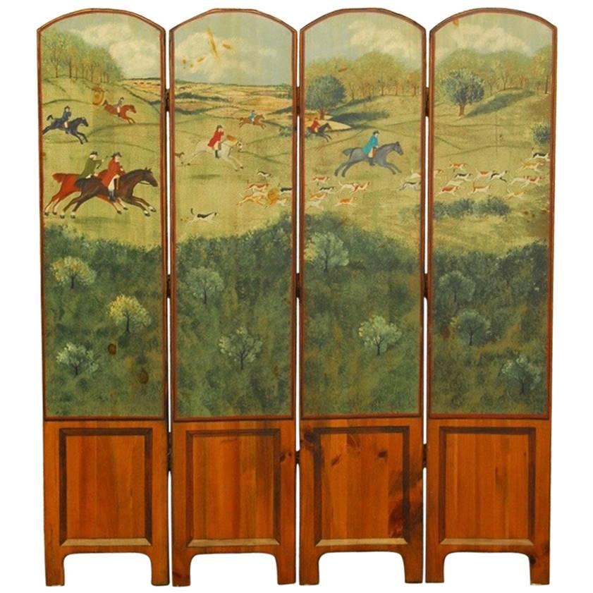 English Hand-Painted Fox Hunt Wooden Dressing Screen
