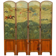Vintage English Hand-Painted Fox Hunt Wooden Dressing Screen