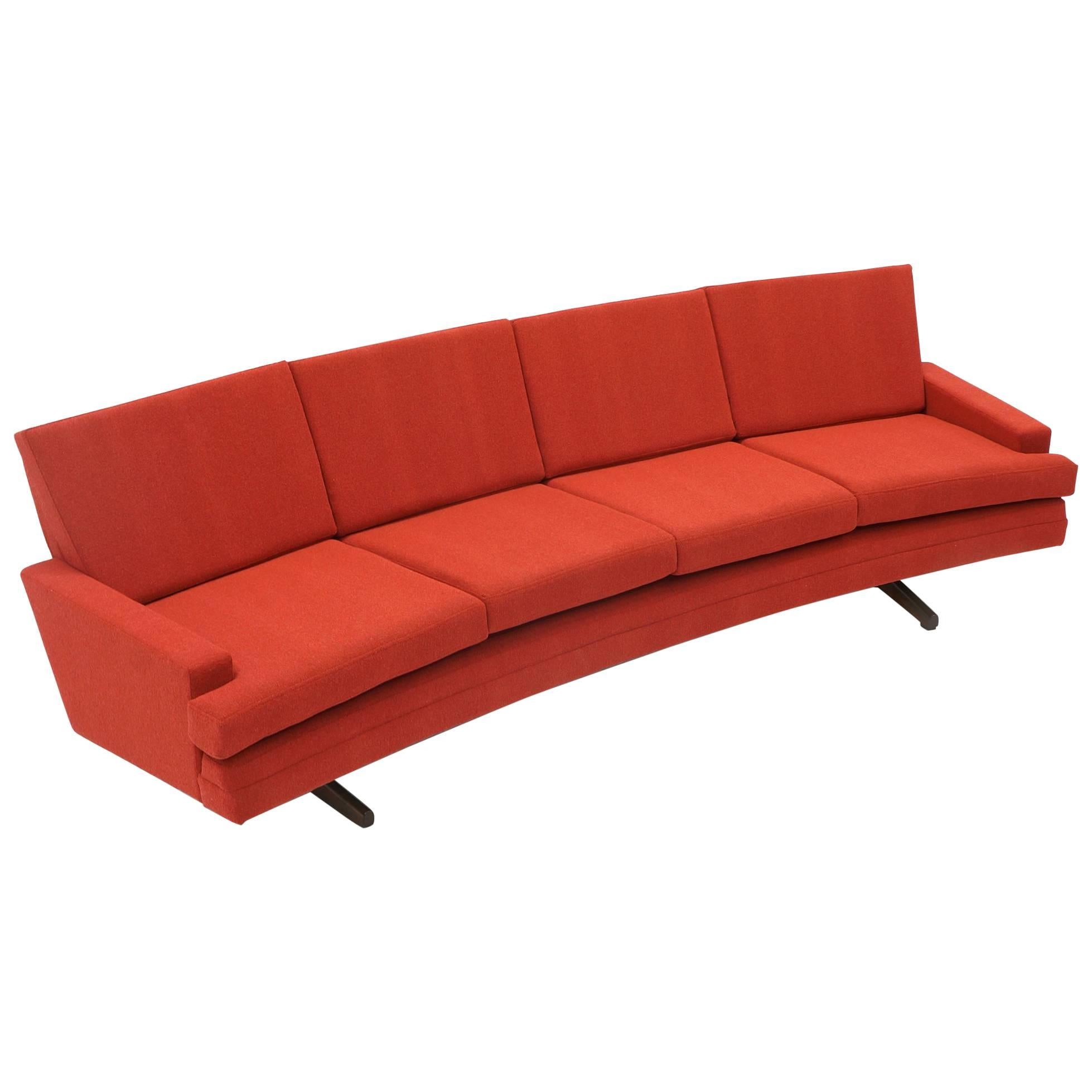 Curved Sofa by Frederick Kayser Restored Redone in Rich Red Knoll Cuddle Cloth