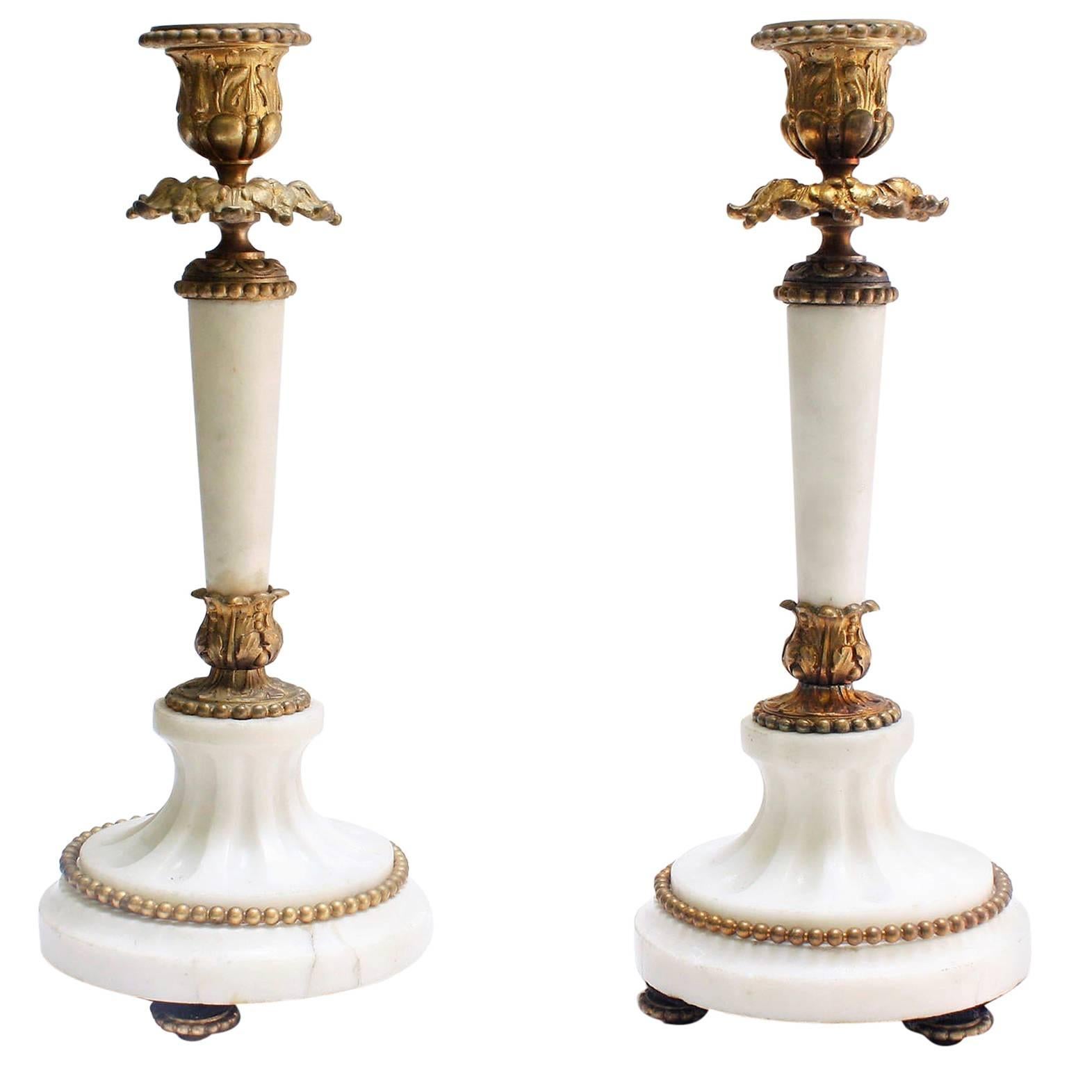 Pair of Antique French Louis XVI-Style Gilded Marble Candlesticks