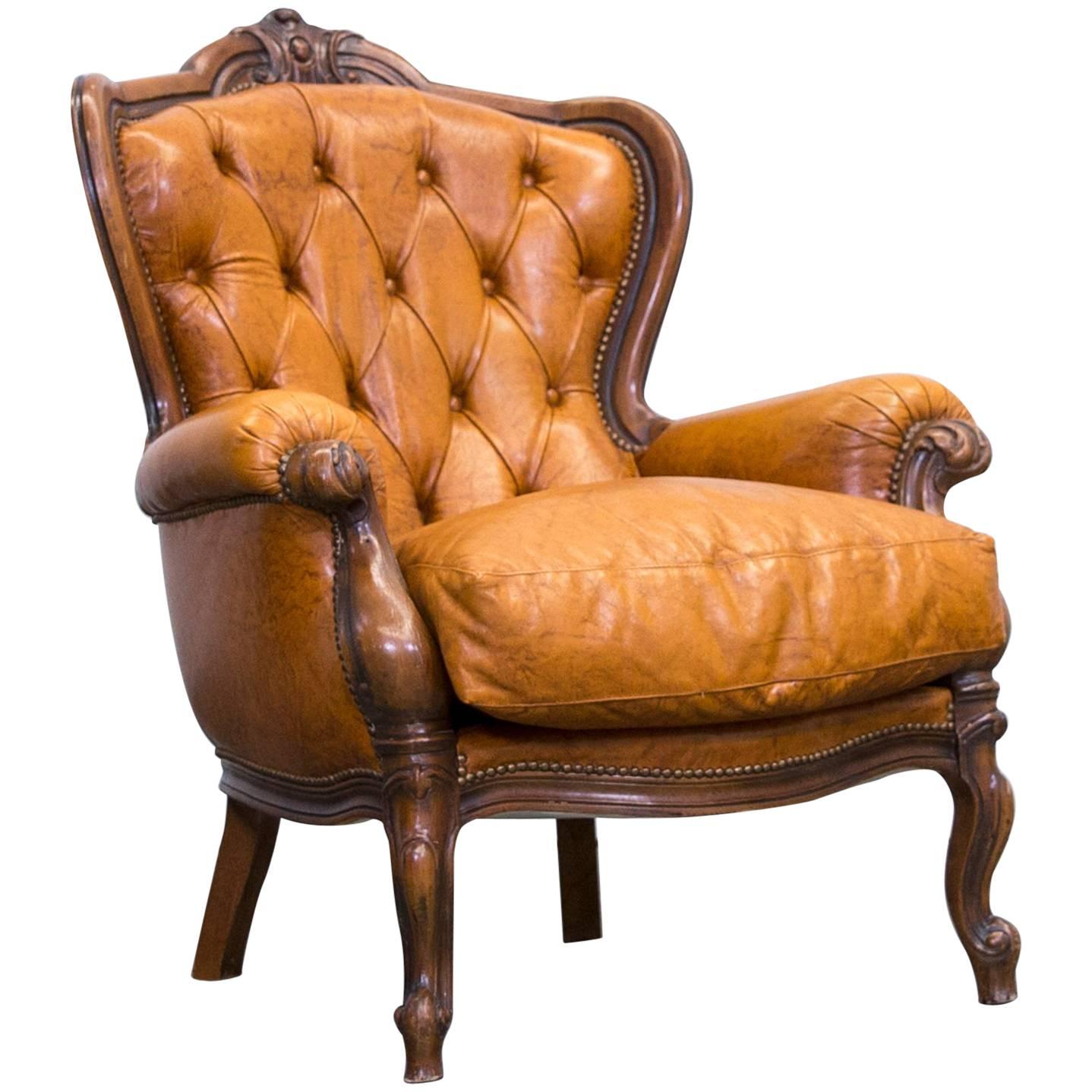 Chesterfield Leather Armchair Cognac Brown One-Seat Couch Wood Retro Vintage