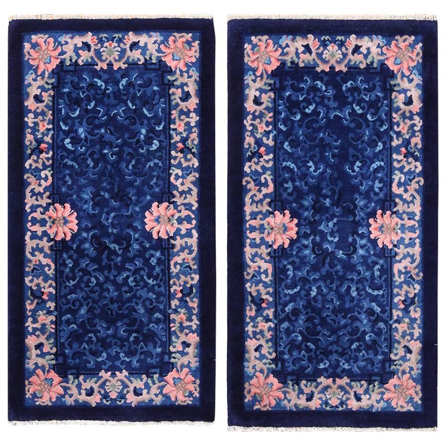 Pair of Blue Antique Chinese Rugs. Size: 2 ft 5 in x 4 ft 4 in (0.74 m x 1.32 m)