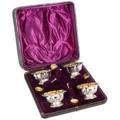 Antique Victorian Set of Four Silver Gilt Salts with Spoons, 1897