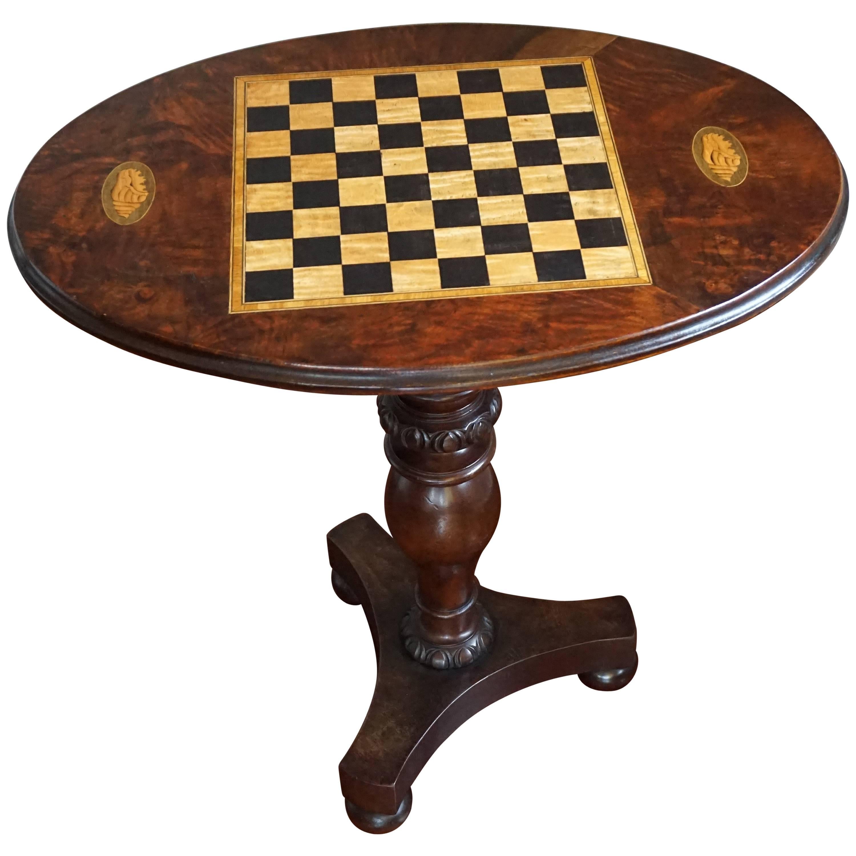 Antique Nutwood and Burl Nutwood Tilt-Top Chess Table with Nautilus Shell Inlay