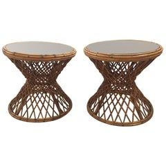 Pair of Rattan Mirrored Top End Tables