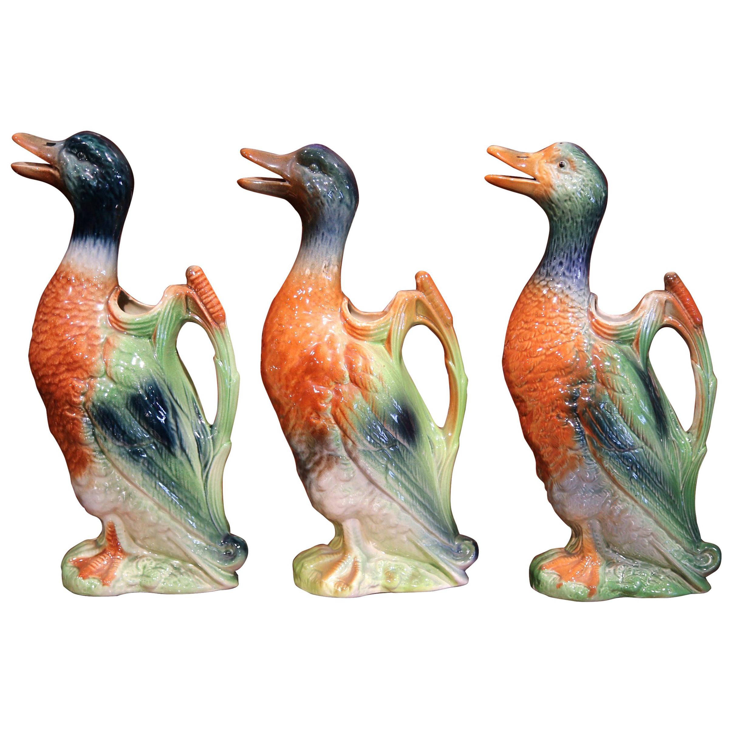 Early 20th Century French Painted Barbotine Duck Sculpture Pitchers, Set of 3