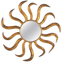Antique French, Early 20th Century, Gold Leaf Gilt Iron Twisted Sunburst Mirror