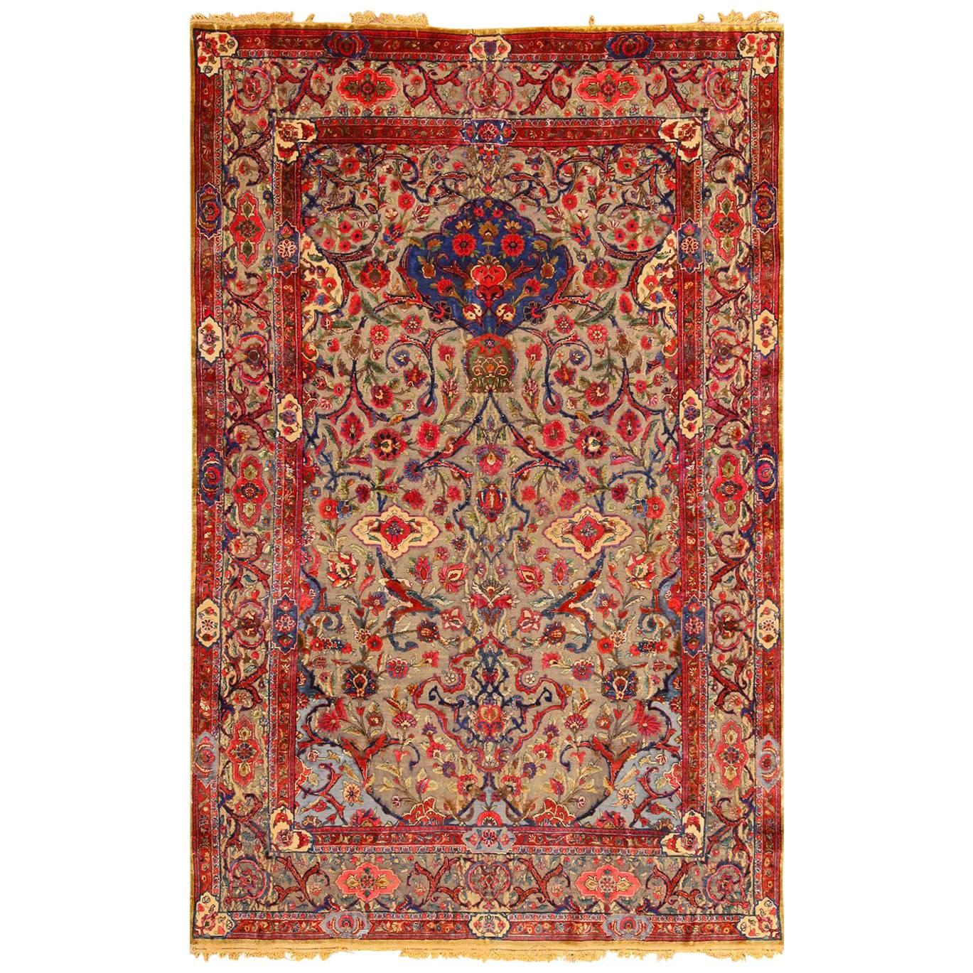 Antique Metallic Threading Silk Souf Kashan Persian Rug
