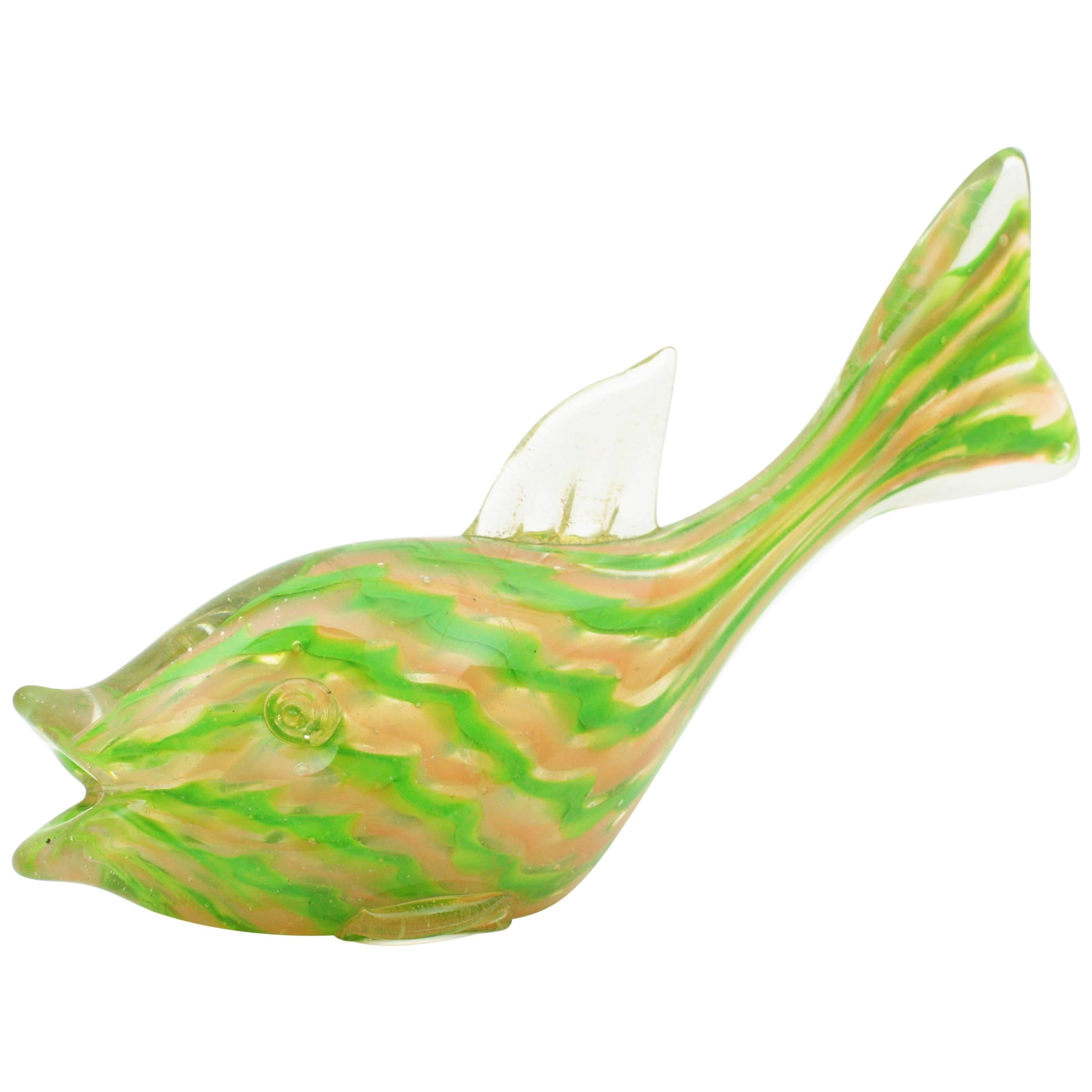 Murano Art Glass Fish Figure with Gold Flecks and Stripes Design For Sale