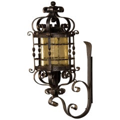 Vintage French Forged Iron Wall Lantern, Glass Shade, circa 1940