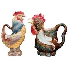 Two Early 20th Century, French Hand-Painted Barbotine Rooster Water Pitchers