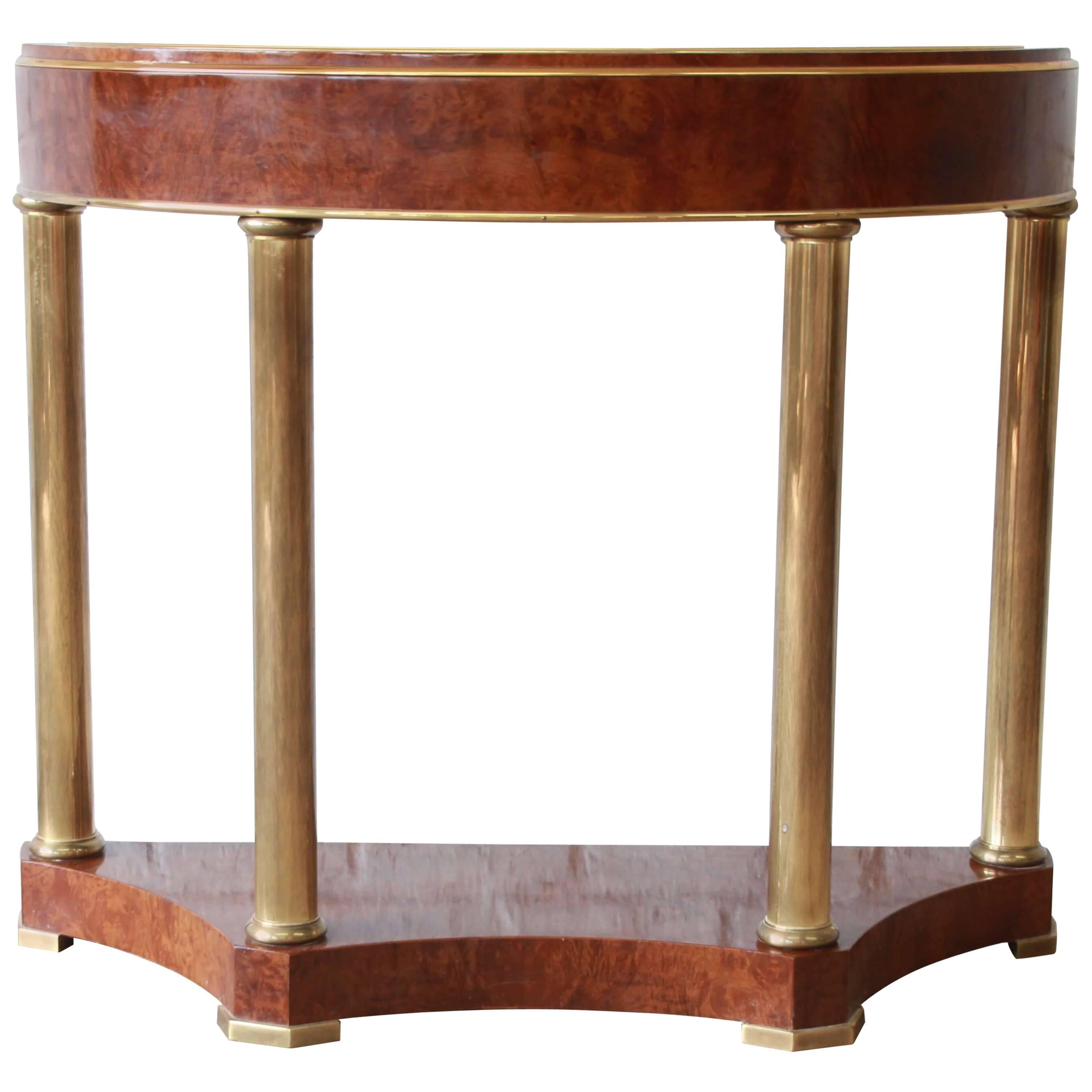 Mastercraft Burl Wood and Brass Demilune Console Table