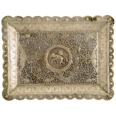 Used Indian Mughal Motif Engraved Tin Serving Tray