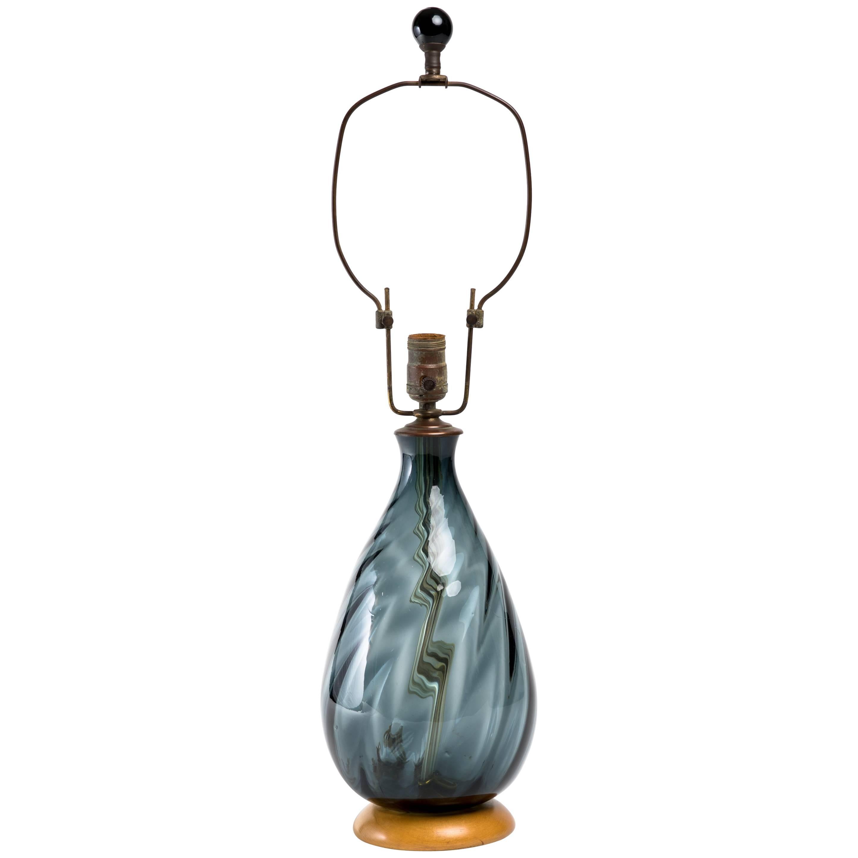Blenko Smoky Blue Glass Bottle Lamp