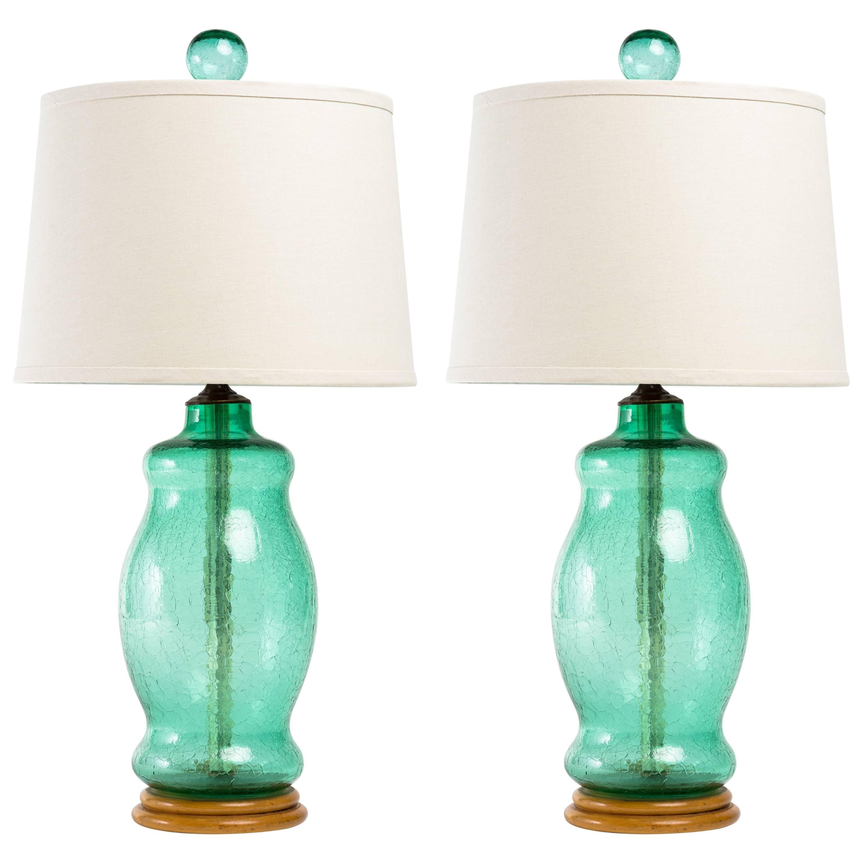 Pair of Blenko 1950s Green Crackle Glass Lamps