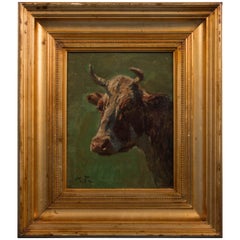 Antique 19th Century Oil on Canvas Painting of a Bull by Michael Therkildsen