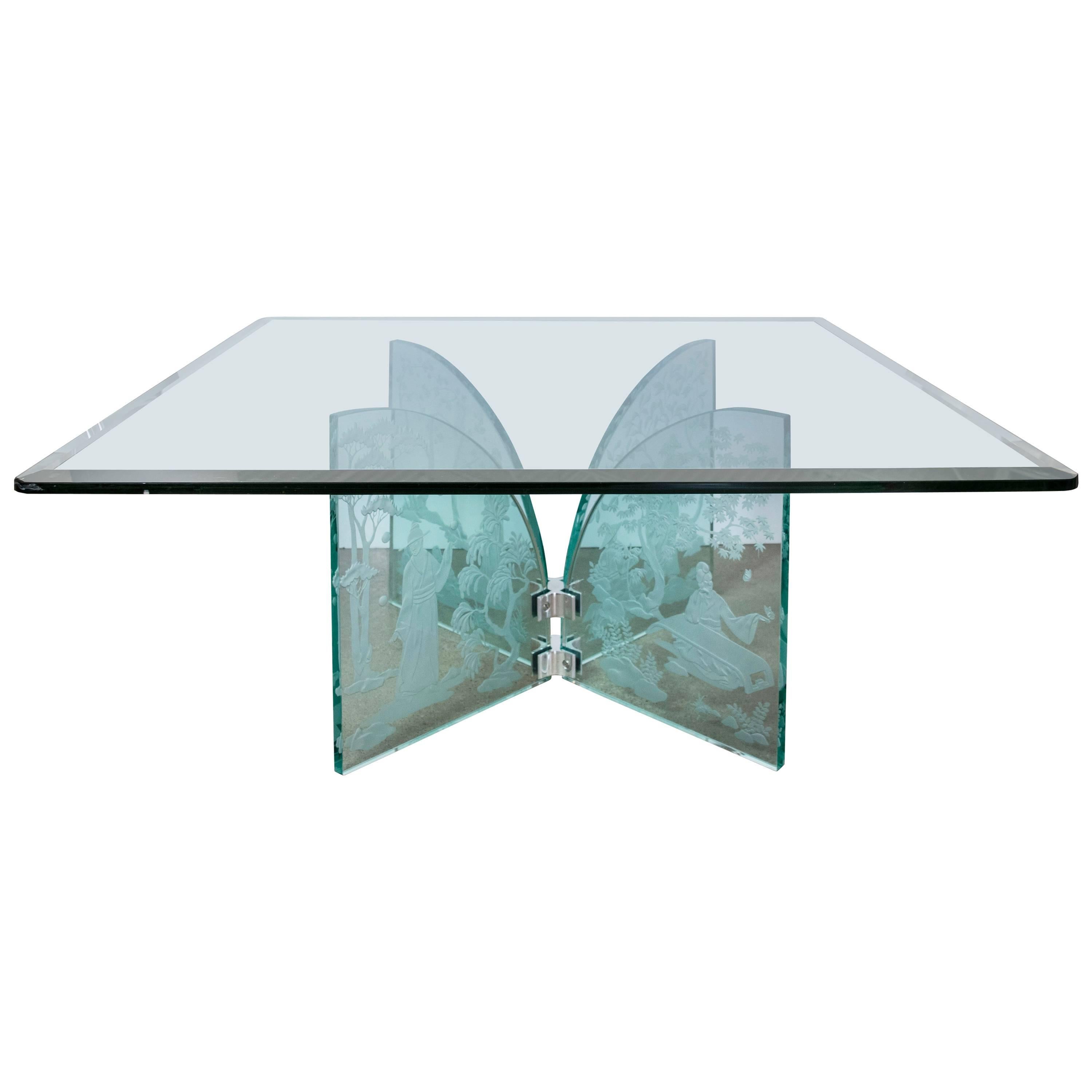 Hand Etched Glass Square Coffee Table  For Sale