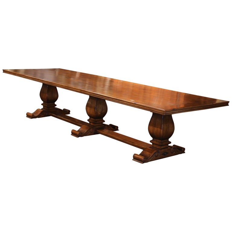 Large Carved Walnut ThreeLeg Pedestal Farm Table with Iron Decorative