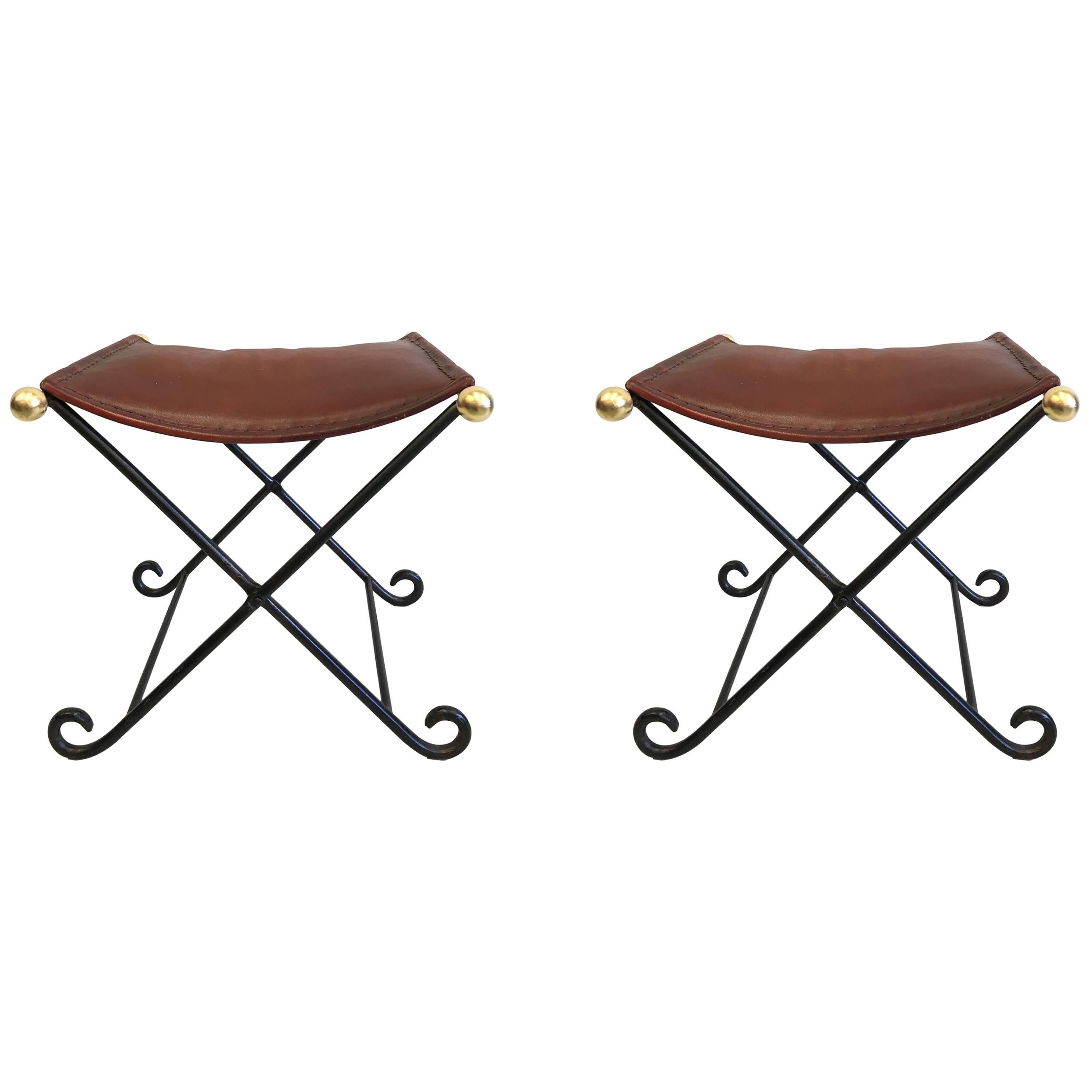 Pair French Modern Neoclassical Iron Benches, Stitched Leather Seats Attr. Subes