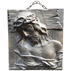 Vintage Impressive and Large Bronze Wall Plaque of a Suffering Christ by Sylvain Norga