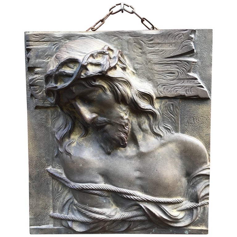 Impressive and Large Bronze Wall Plaque of a Suffering Christ by