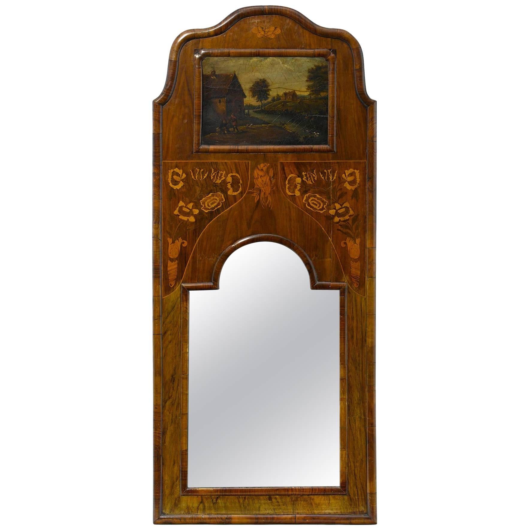 Dutch Inlaid Walnut Narrow Trumeau Mirror, 19th Century