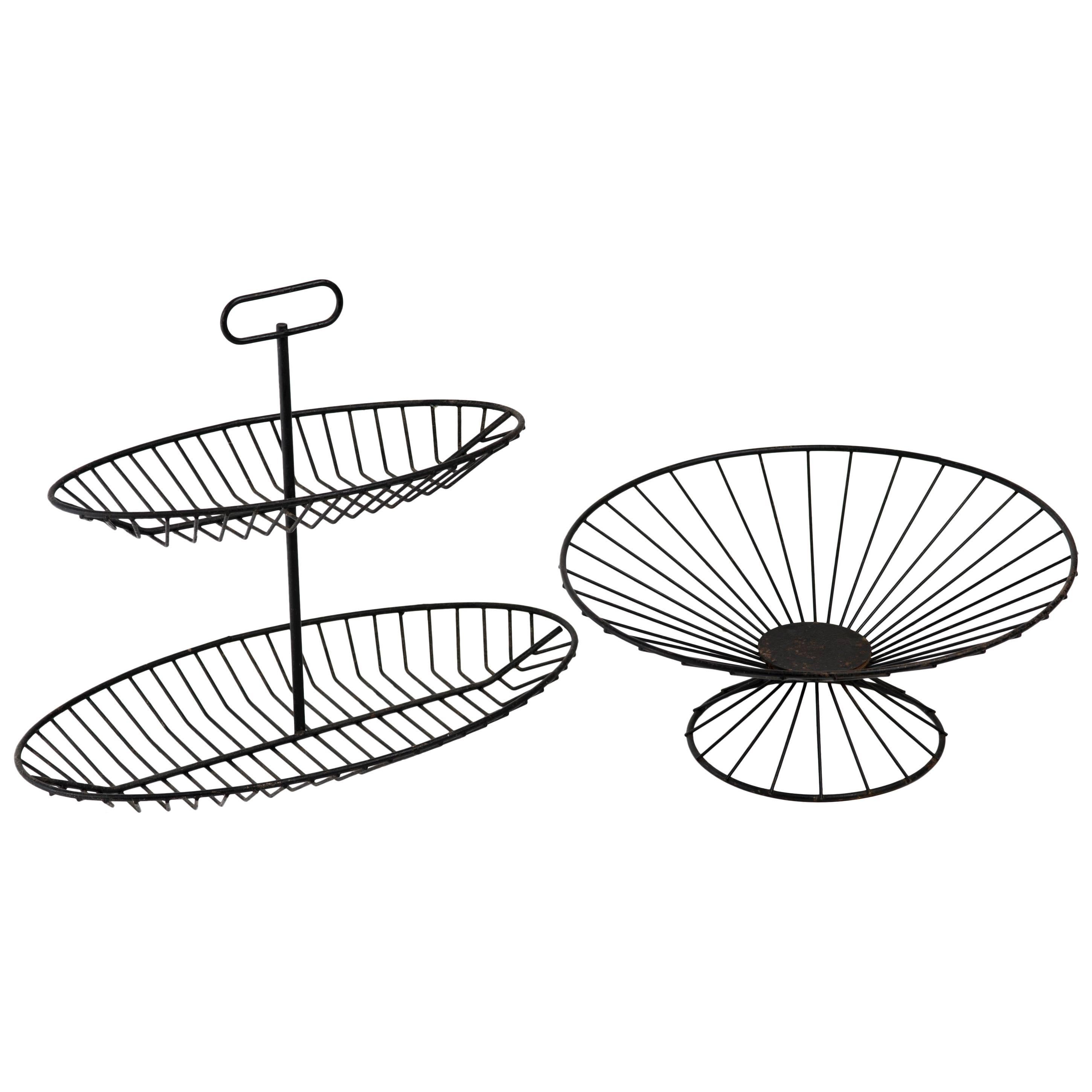 Raymor 1950s Black Wire Serving Stand and Bowl For Sale