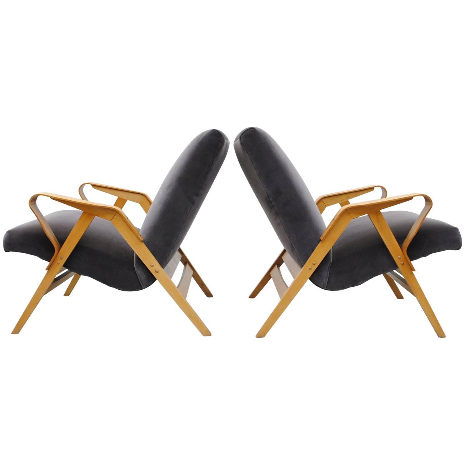 Pair of Czech Tatra Bent Plywood Lounge Chairs in Grey Velvet
