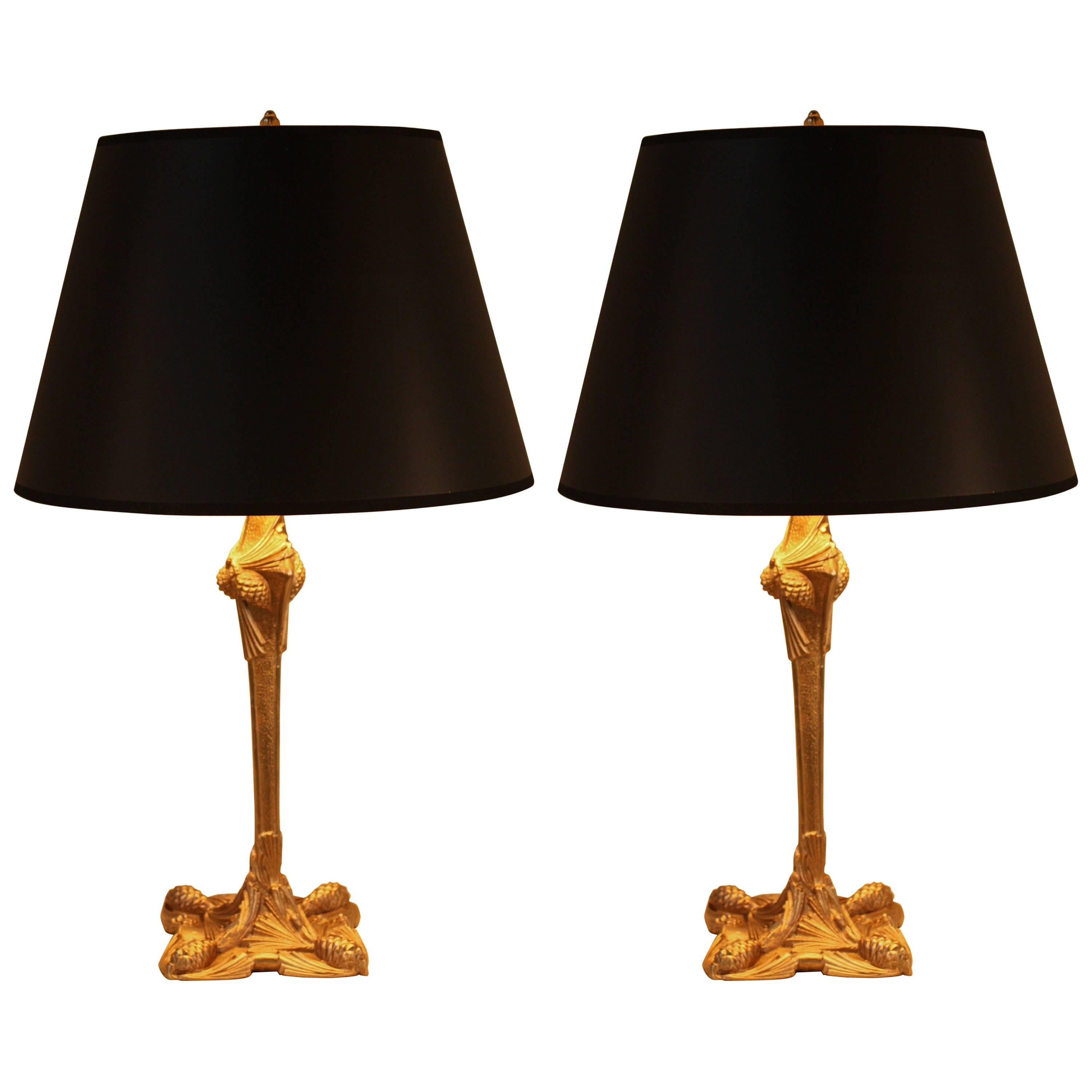 Pair of French 1920s Bronze Table Lamps in Attributed to George Leleu