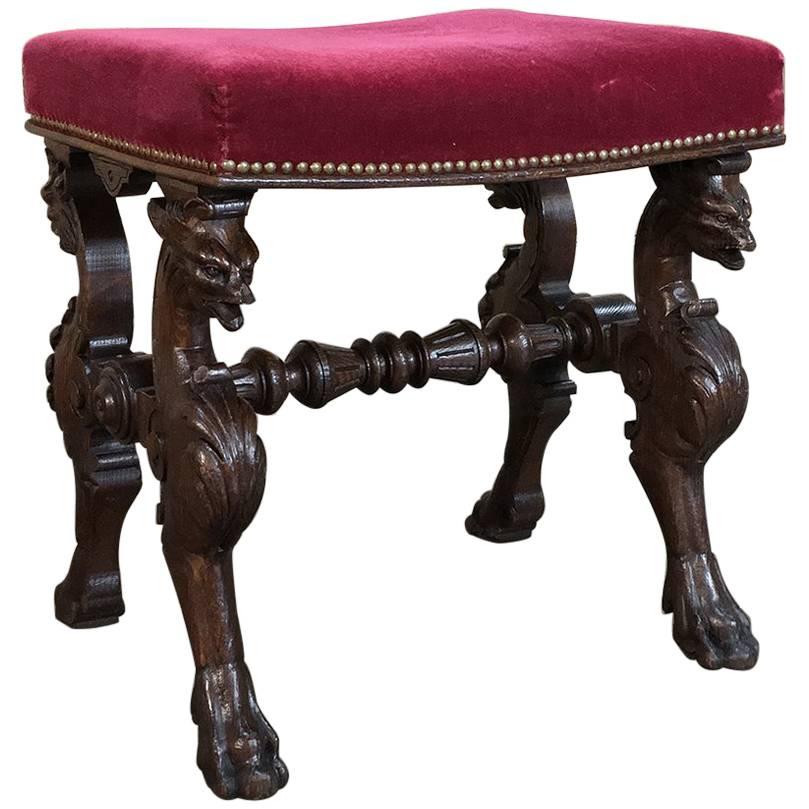 19th Century, Renaissance Footstool with Velvet and Carved Gryffins