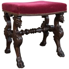 Antique 19th Century, Renaissance Footstool with Velvet and Carved Gryffins