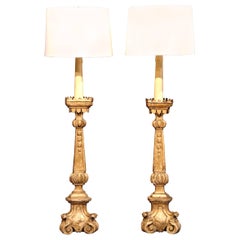 Tall Pair of 18th Century French Carved Candlestick Floor Lamps with Gilt Finish