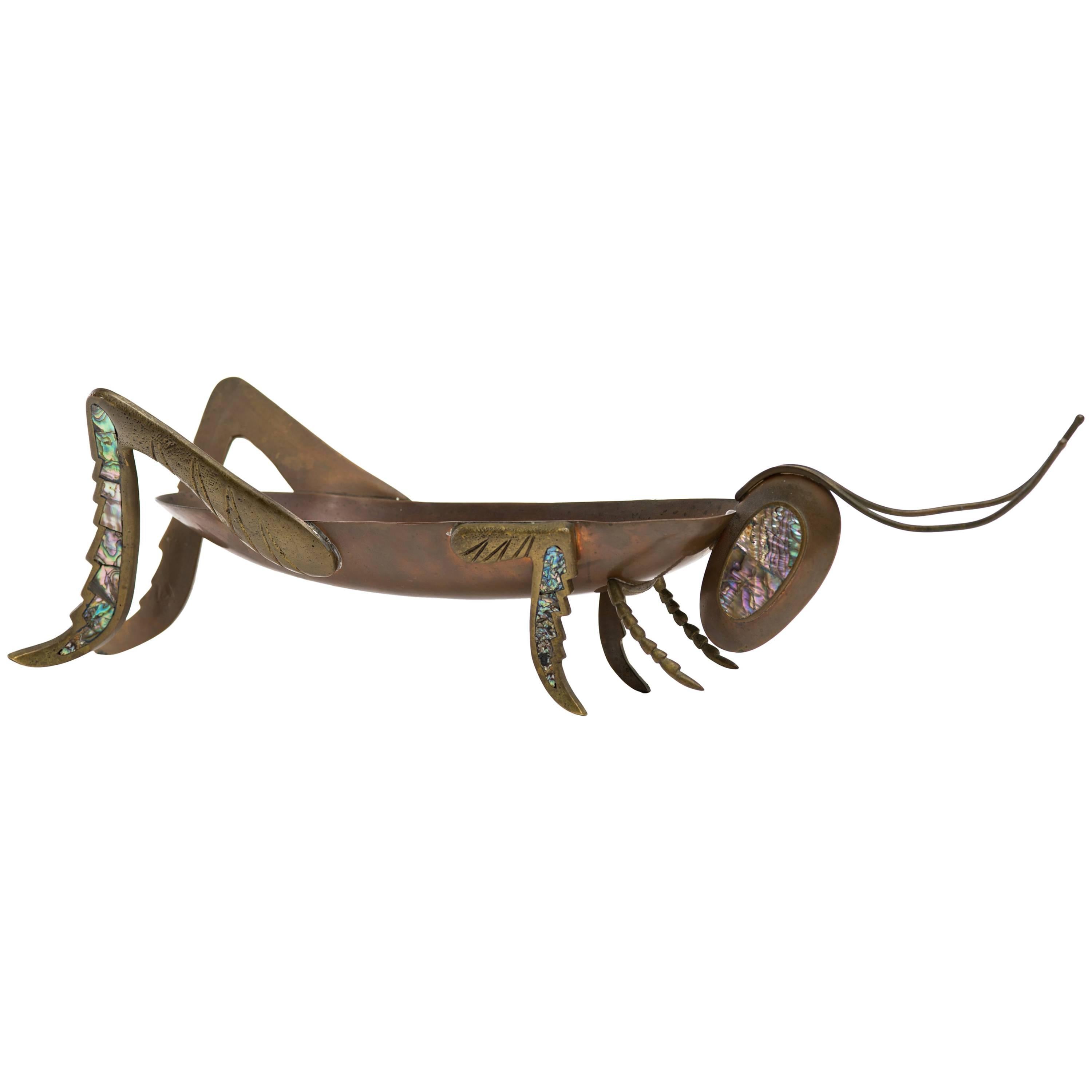 Mexican Copper Brass and Abalone Grasshopper Centerpiece Sculpture For Sale