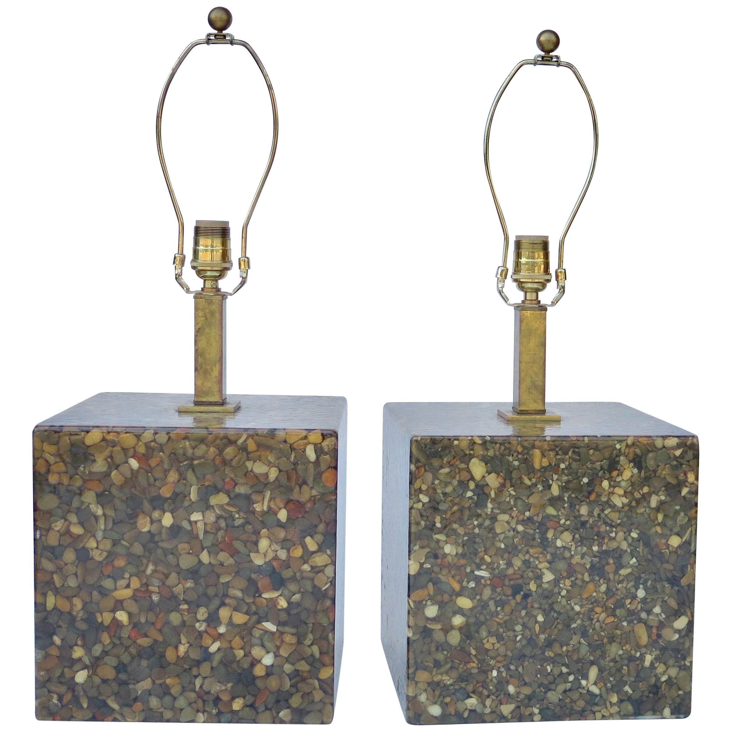Pair of Modern Lamps with Pebbles in Epoxy Brass Haskell Antiques For Sale
