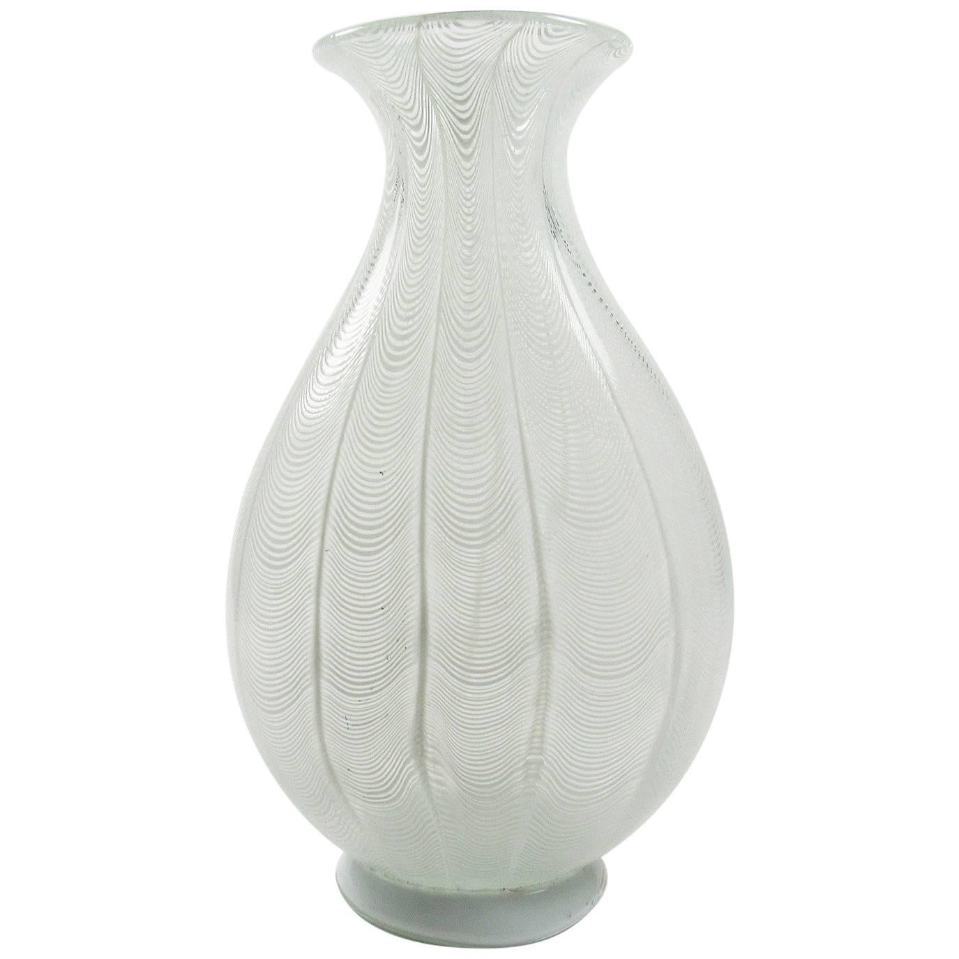 Massive Murano White Filigree Handblown Glass Vase For Sale