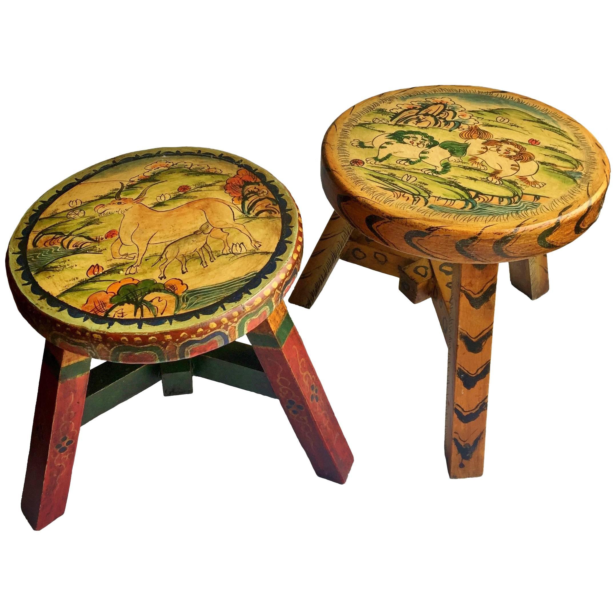 Pair of Tibetan Stools, Hand-Painted