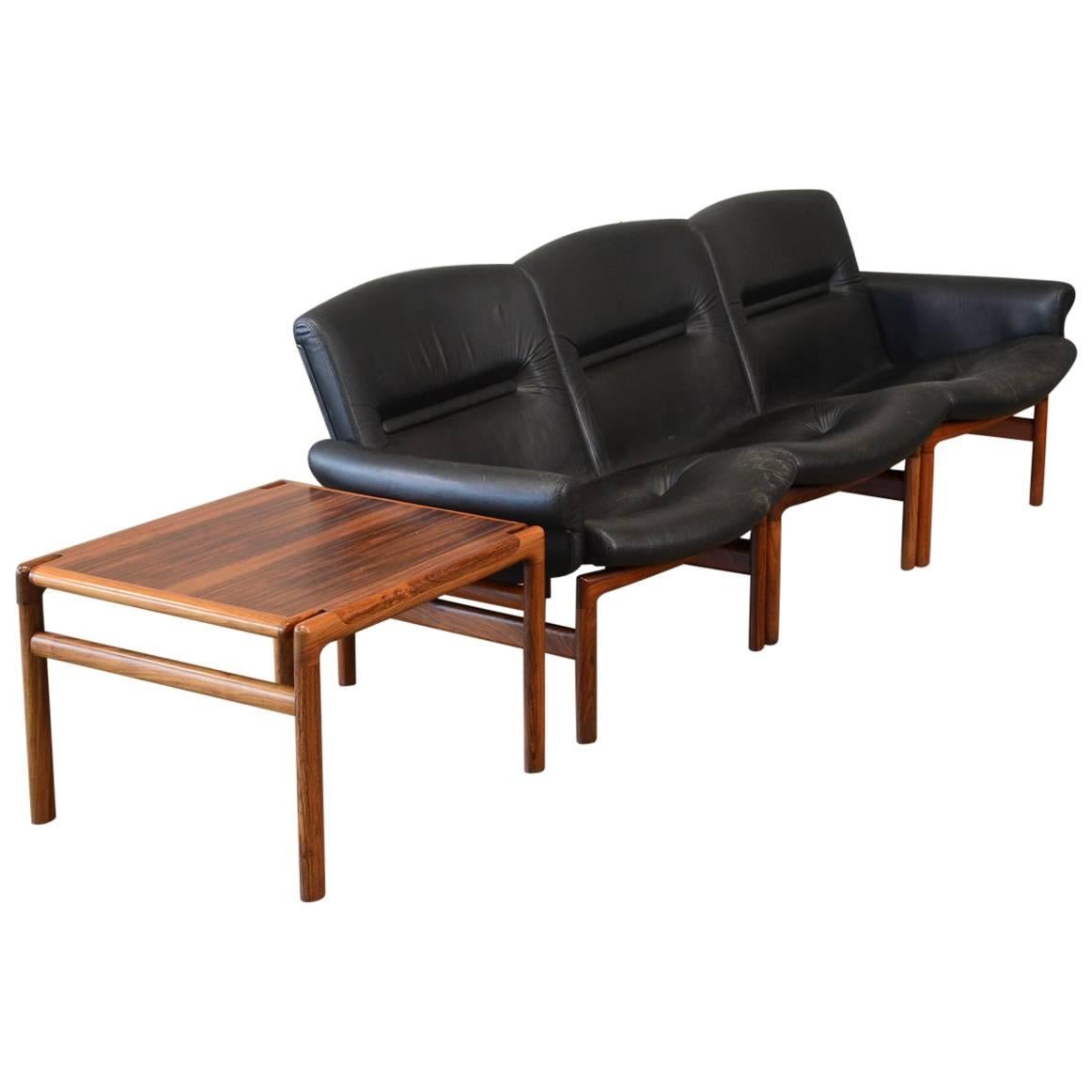 Modular Rosewood and Black Leather Sofa Set For Sale