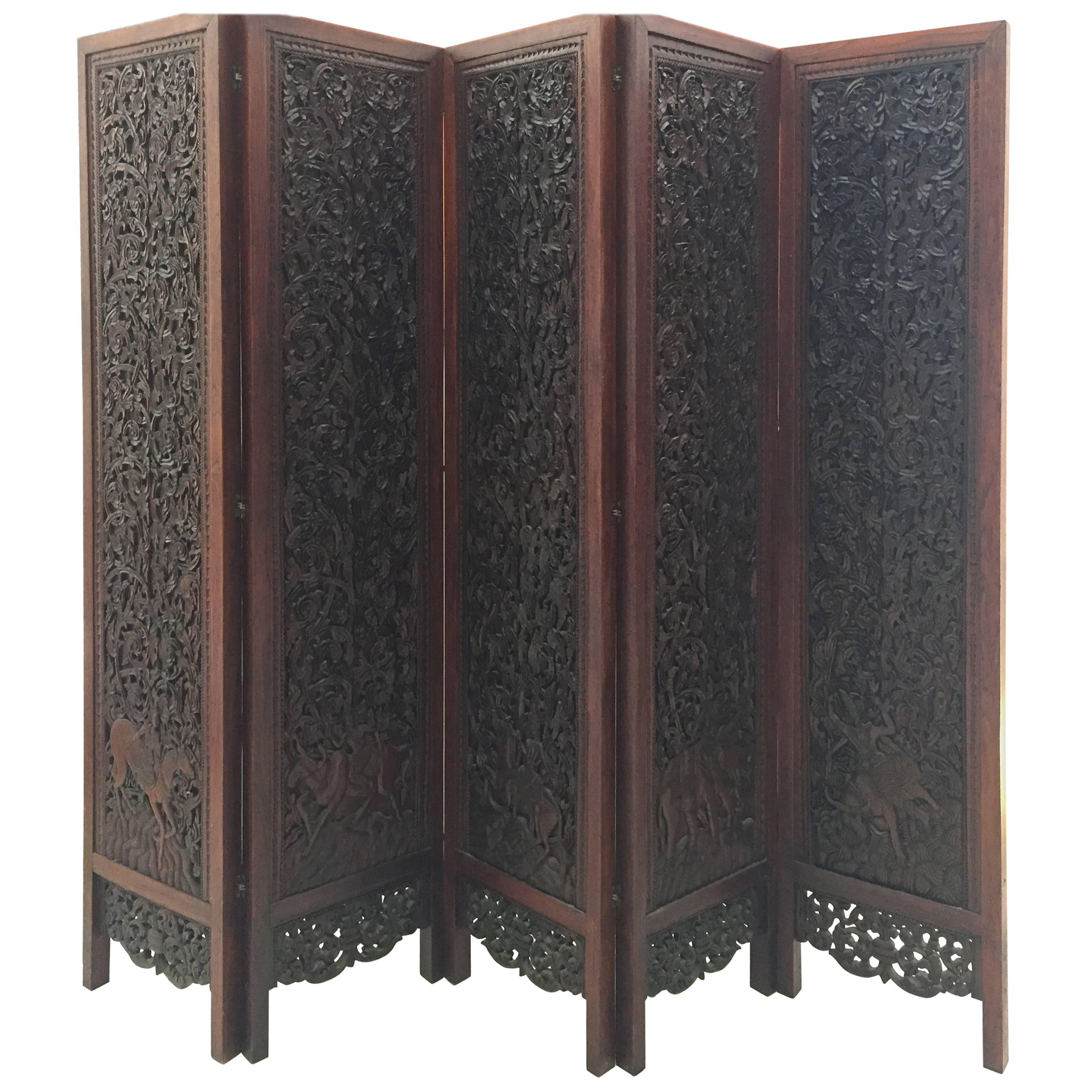 Asian Hand-Carved Wood Five Panels Double-Sided Folding Screen Room Divider