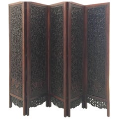 Antique Asian Hand-Carved Wood Five Panels Double-Sided Folding Screen Room Divider