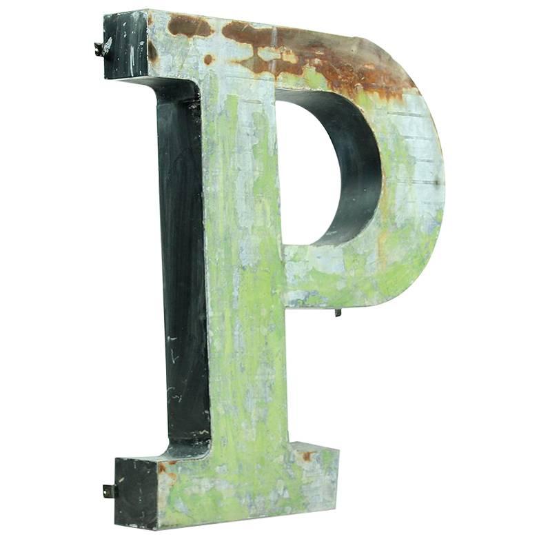 Metal Industrial Letter P, Factory Sign, Czechoslovakia, circa 1960