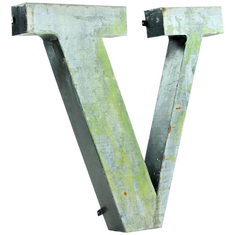 Large Metal V Letter Industrial Factory Sign, Czechoslovakia, circa 1960 For Sale