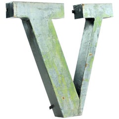 Large Metal V Letter Industrial Factory Sign, Czechoslovakia, circa 1960