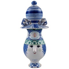 Wiinblad Pitcher with Hat, Hand-Painted in Blue, Green and White, 1974