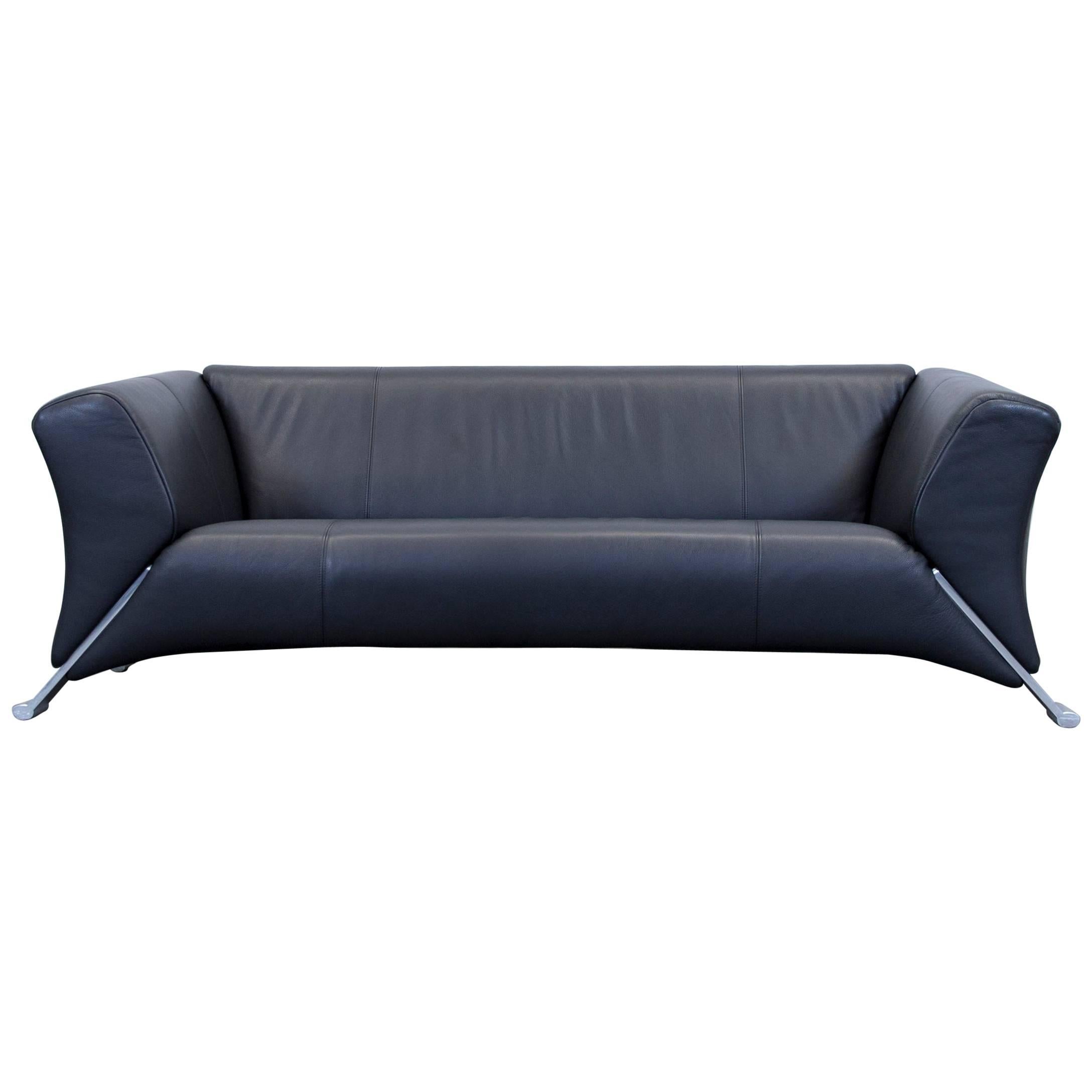 Rolf Benz 322 Designer Leather Sofa Black Three-Seat Couch Modern