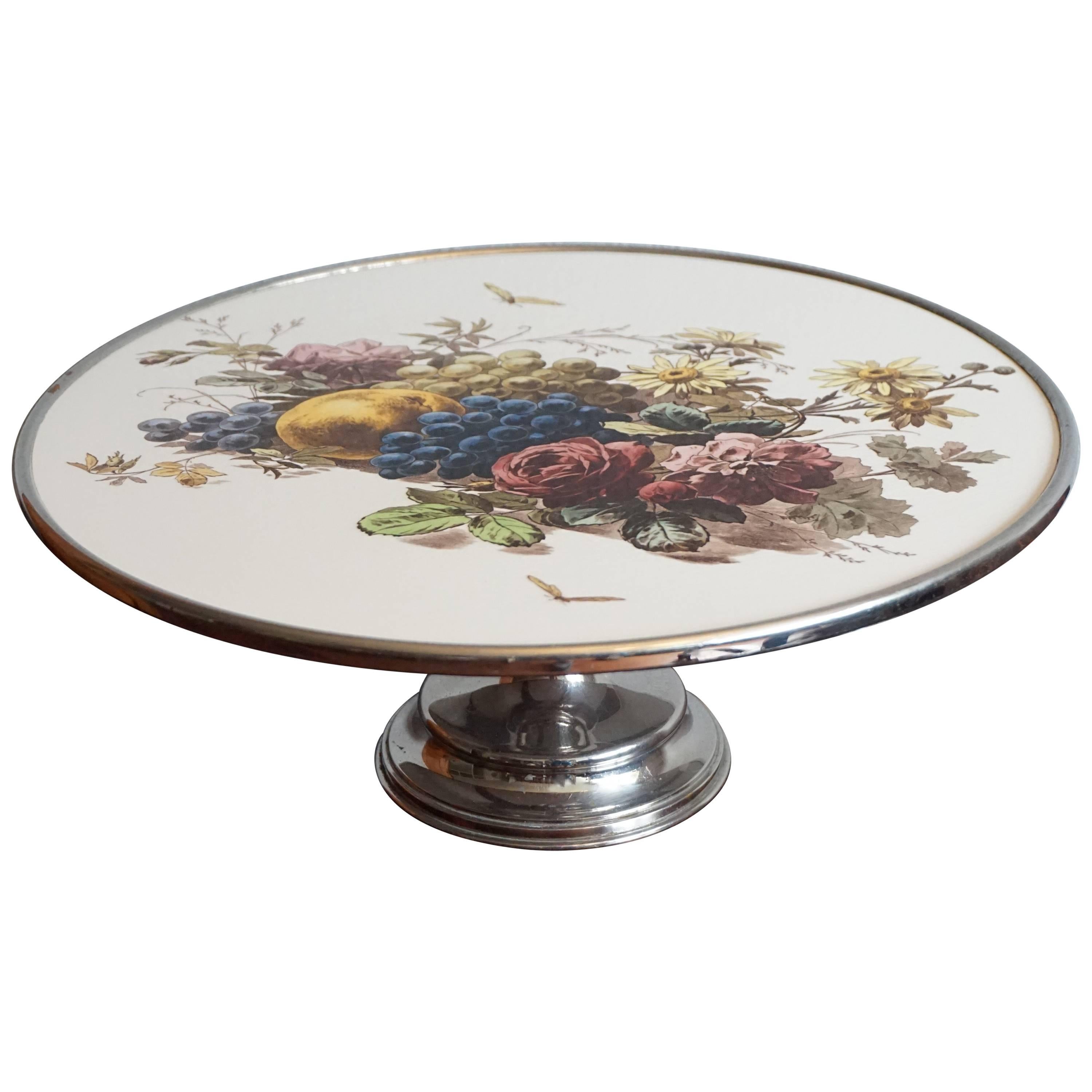 Early 20th Century Fruit & Flowers Porcelain Tile Pie Stand on Chrome Metal Base