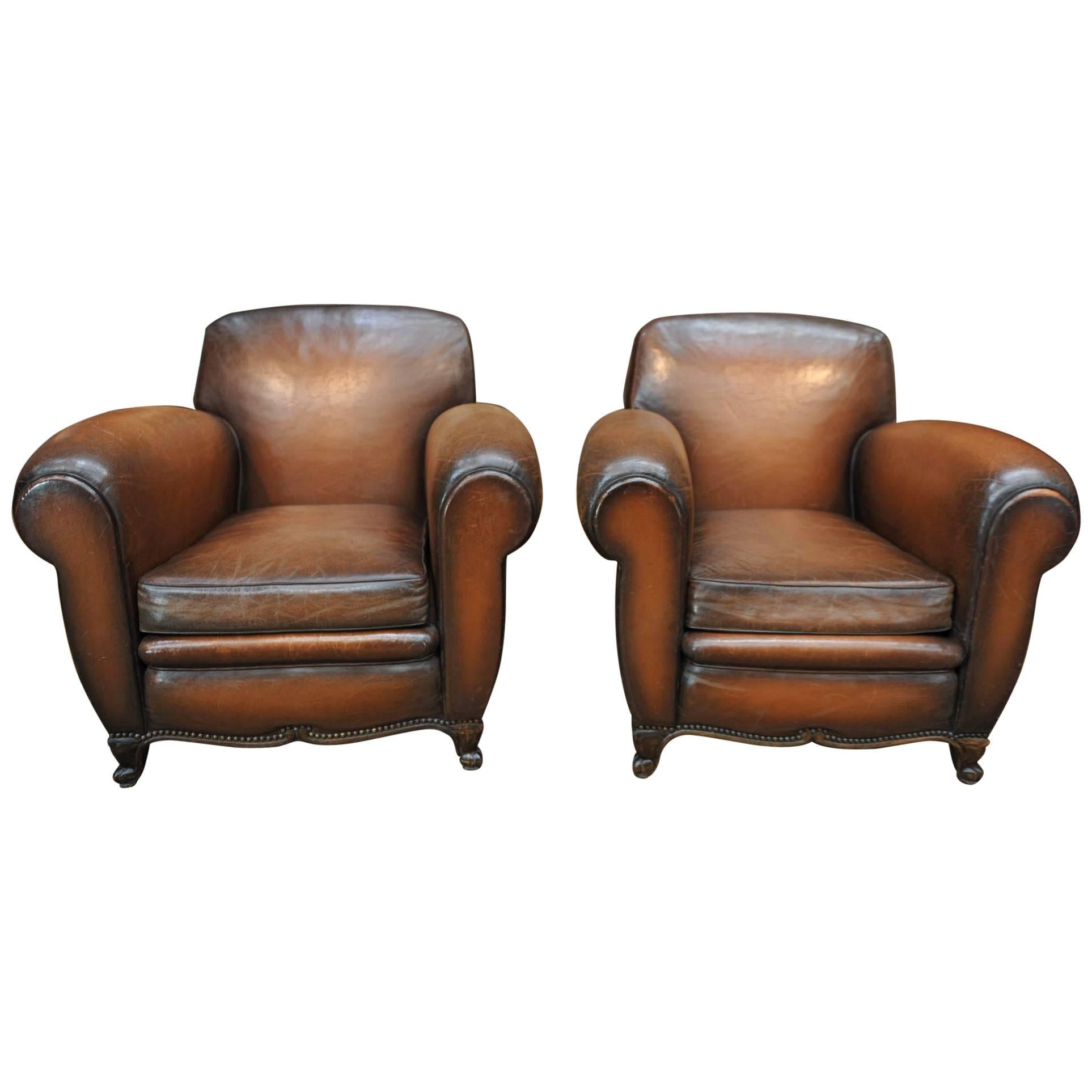 Pair of French  Large Leather Club Chairs, circa 1950