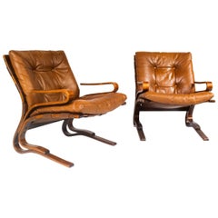 Set of Two Norwegian Antique Leather Armchairs, 1960s, Mid-Century