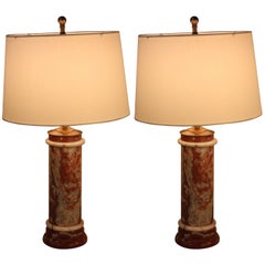 Pair of Classic Red and White Marble Column French Table Lamps