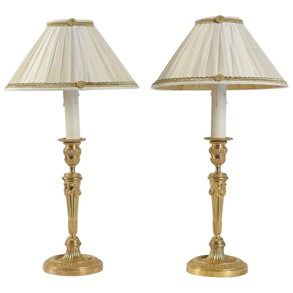 Pair of French Louis XVI Style Mercure Gilt-Bronze Candlestick Lamps, circa 1820