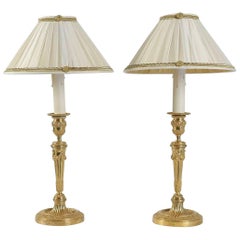 Antique Pair of French Louis XVI Style Mercure Gilt-Bronze Candlestick Lamps, circa 1820